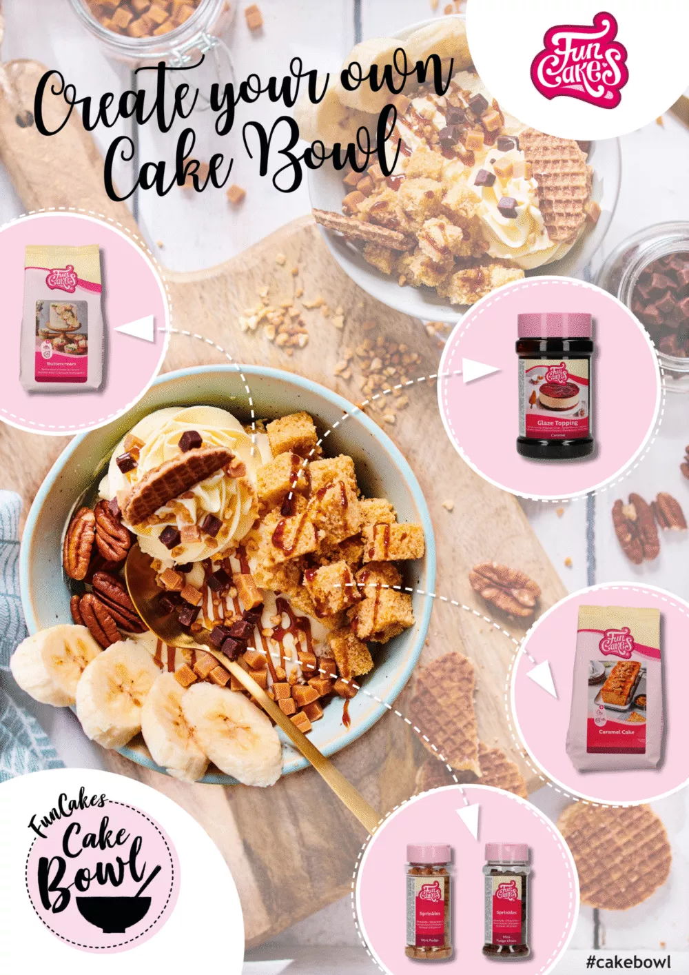 Infographic of the Stroopwafel Cake Bowl recipe showing the ingredients: FunCakes Mix for Buttercream, FunCakes Glaze Topping Caramel, FunCakes Mix for Caramel Cake, FunCakes Mini Fudge, and FunCakes Mini Fudge Choco. Text on the image: 'Create your own Cake Bowl'