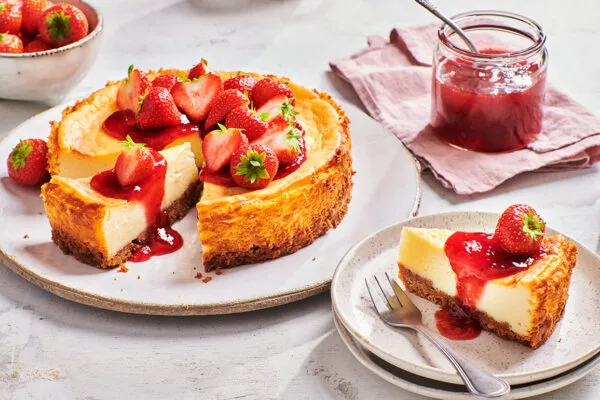 Cheesecake with cookie crumb crust and strawberries