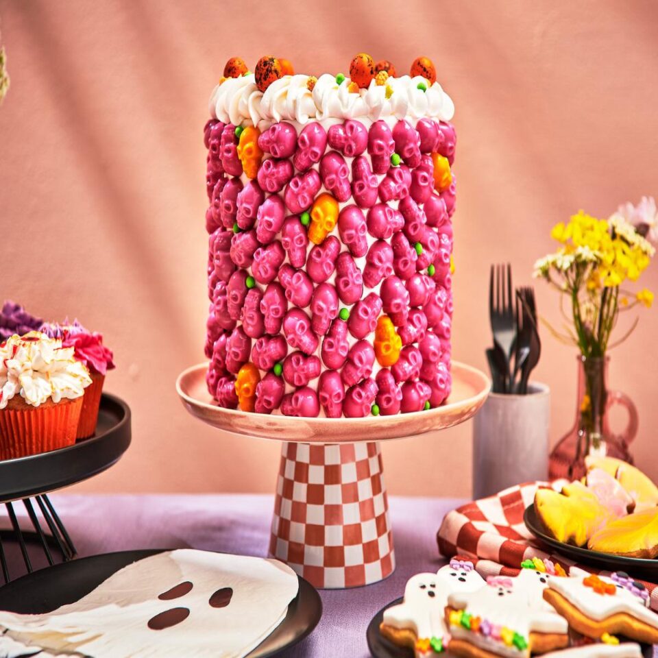 Skull cake with raspberry buttercream